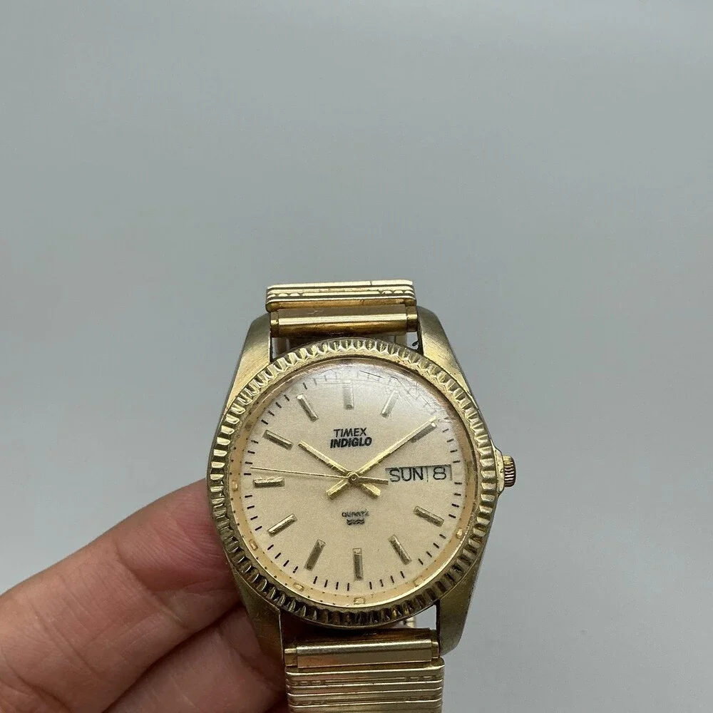 Vintage Timex Indiglo WR 30M Mens Watch 34mm Gold Tone Day Date New Battery
